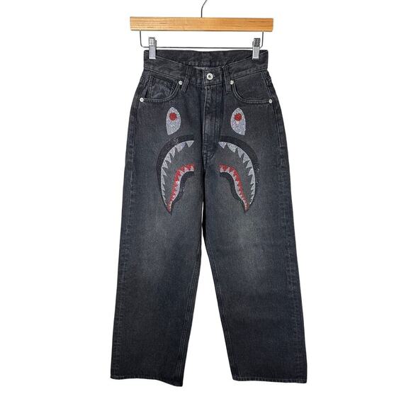 Bape Crystal Stone Shark High Waist Ankle Cropped Jeans Black Size XS - Picture 1 of 15